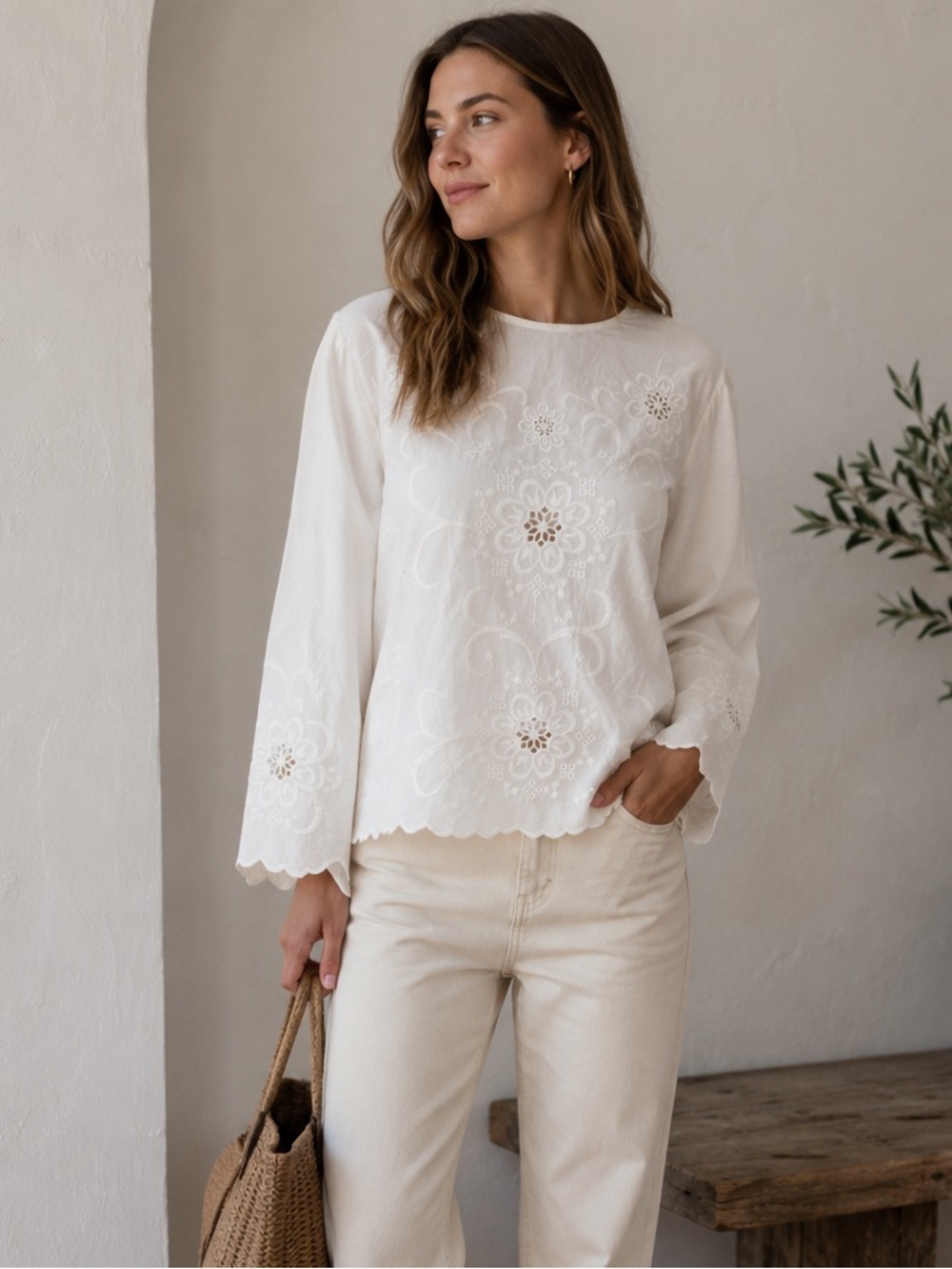 Zara Home Cream Embroidered Long-Sleeve Tunic Top